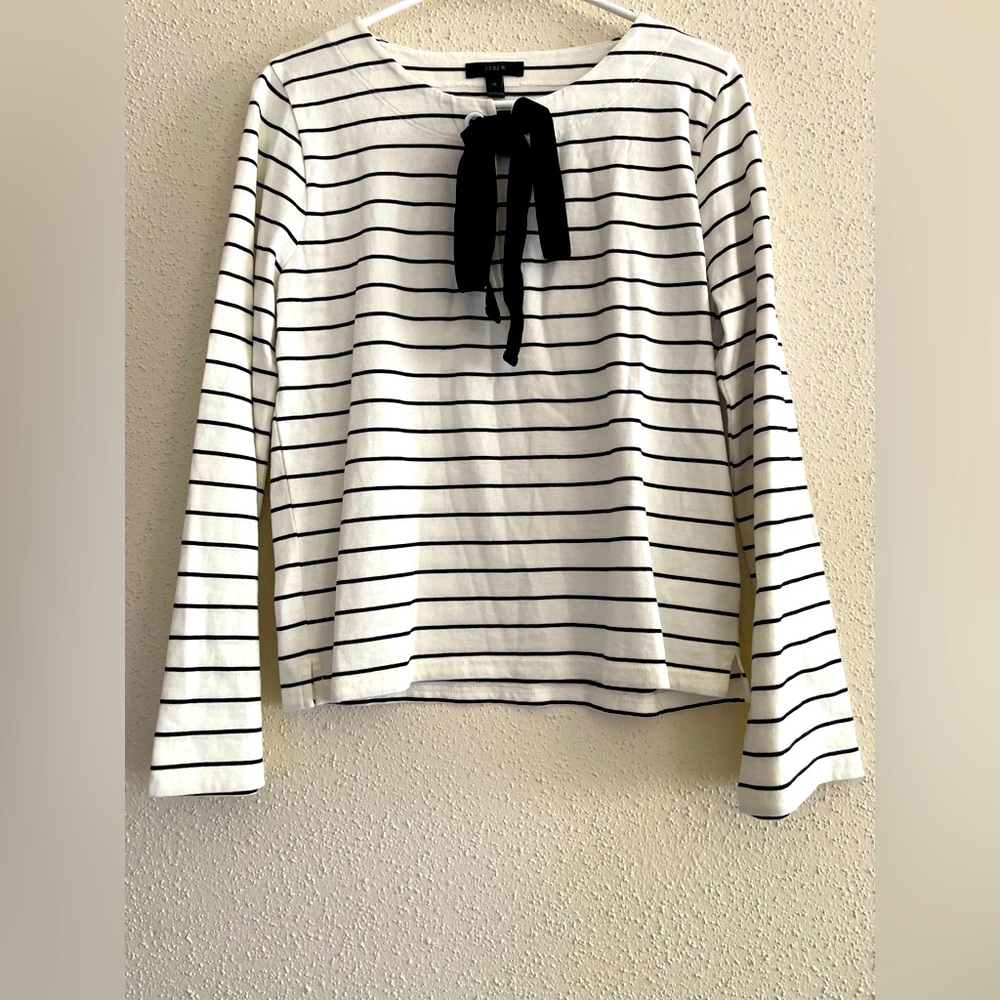 J Crew Women’s Medium Velvet Tie-Front Stripe Long Sleeve Top - Picture 2 of 10